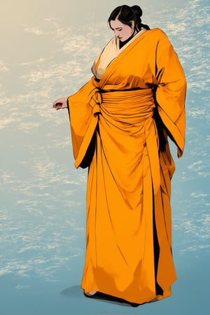 A vibrant yellow Hakama, traditional Japanese attire, with intricately designed pleats and folds, stands proudly against a subtle gradient background of soft blue and beige. Natural light casts a warm glow on the subject's dignified expression, with a hint of serenity in their eyes. The composition focuses on the garment's majestic curves, set against a minimalist backdrop, emphasizing its cultural significance.