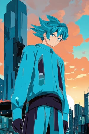 A vibrant blue hue dominates the anime scene as a young protagonist stands confidently in front of a cityscape at sunset. The sky is painted with warm orange and pink tones, contrasting beautifully with the cool blue tone of the character's hair and outfit. The composition is centered around the figure, with bold lines and shapes creating visual interest.