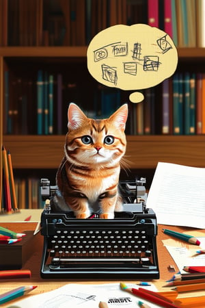 A whimsical illustration of a curious cat sitting on a vintage typewriter, surrounded by scattered papers and pencils, with a thought bubble above its head filled with scribbled ideas. Soft focus, warm golden lighting, and a blurred background of bookshelves and wooden furniture.