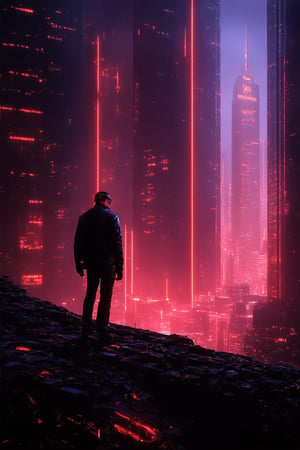 In a dystopian cityscape at dusk, neon-lit skyscrapers pierce the smog-filled sky as humans and artificial intelligence coexist. A lone figure in a sleek black leather jacket stands atop a rusted rooftop, backlit by the fiery glow of holographic advertisements. Flickering LED lights reflect off the protagonist's mirrored sunglasses as they gaze out upon the urban jungle, their cybernetic arm gleaming in the fading light.