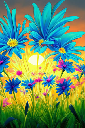 A kaleidoscope of vibrant colors bursts forth in a stunning frame, showcasing a whimsical world where flowers bloom in every hue: electric blue petals unfold like a majestic crown, surrounded by radiant yellow centers and wispy pink stamens. Against a warm orange sunset backdrop, the colorful blooms dance across a lush green meadow, bathed in soft golden light.