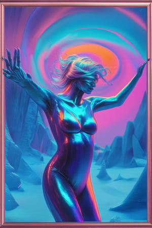 Vibrant gradient hues dominate a surreal landscape in 'Gradient World'. A figure with iridescent skin and hair blends seamlessly into the background, as if made of shifting colors. The scene is framed by a swirling vortex, with tendrils of light extending from the subject's outstretched hands, casting an ethereal glow on the surrounding gradient terrain.