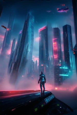 A futuristic cityscape at dusk: neon lights illuminate towering skyscrapers amidst a haze of smoke and fog, with sleek flying cars whizzing by in the background. In the foreground, a lone figure in a metallic jumpsuit stands atop a hovering platform, gazing out at the city's sprawling metropolis.