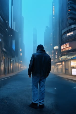 A dimly lit, dark blue-hued cityscape at dusk, with a lone figure standing at the edge of a deserted street, shrouded in mist. The subject's worn denim jeans and faded leather jacket blend into the shadows, as they gaze out at the urban landscape, lost in thought.