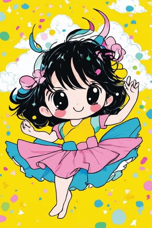 A whimsical scene: A chibi Evey, with big expressive eyes and a mischievous grin, is surrounded by a swirling vortex of colorful confetti. She's posed in mid-twirl, her skirt fluttering upwards as she spins, with a playful sparkles streaming from her hands. The background is a bright, sunny yellow, with soft, puffy white clouds drifting lazily across the sky.