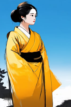 A serene yellow hakama-clad figure stands calmly against a gradient blue sky, its vibrant color drawing attention to the subtle folds and creases of the traditional Japanese garment. The subject's eyes gaze softly into the distance, as if lost in thought, while the surrounding landscape remains blurred, emphasizing the individual's contemplative state.