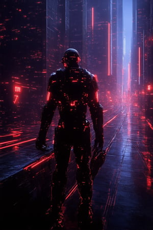 A futuristic cityscape at dusk, with neon lights reflecting off wet asphalt streets. A lone figure, a cybernetic mercenary, stands atop a skyscraper's ledge, overlooking the sprawling metropolis. Their metallic arm and tactical gear glisten under the dim orange glow of streetlights. The city's towering structures and holographic advertisements blur together in the background, as our hero surveys their surveillance-laden domain.