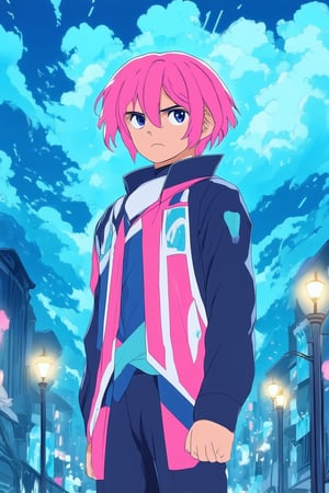 Vibrant blue hues dominate a stunning anime frame as a young protagonist stands confidently against a gradient sky, their bright pink hair glowing like a beacon amidst wispy clouds. Softly focused cityscape sprawls in the background, illuminated by warm streetlights, as our hero's determined expression shines with an electric blue aura.