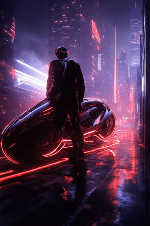 A futuristic cityscape at dusk, with neon-lit skyscrapers piercing the smog-filled sky. In the foreground, a lone figure in a sleek black jumpsuit and mirrored sunglasses stands atop a graffiti-covered hoverbike, gazing out upon the sprawling metropolis. Flickering holographic advertisements dance across the walls as the sun dips below the horizon, casting a warm orange glow over the gritty urban landscape.