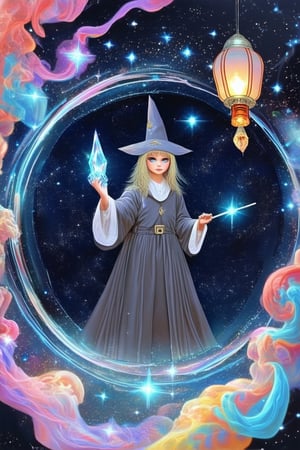 A whimsical illustration depicts a young wizard standing amidst a swirling vortex of colorful smoke and sparkling stars. With eyes shining bright like lanterns in the night, she holds a glowing crystal wand aloft, its tip crackling with electric blue energy. The framing is circular, as if seen through a mystic mirror, with the background gradating from deep indigo to starry midnight blue.