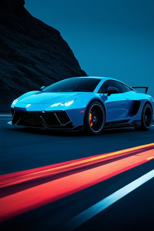 A vibrant and intense prompt! Here's a potential image:

A close-up shot of a neon-lit, electric blue-colored sports car speeding down a dark, misty mountain road at dusk. The vehicle's sleek design and glowing accents create an extreme hue effect as it zooms past a dramatic, rocky outcropping. The camera captures the car's blurred motion while emphasizing the surrounding darkness, making the bright blue color truly pop.