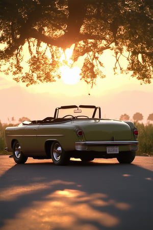 Soft focus on a nostalgic era: capture a warm, golden-lit scene reminiscent of 1950s America, with a vintage convertible parked under a majestic oak tree, sun setting behind it, casting long shadows across the worn asphalt road. Include subtle film grain and a gentle haze to evoke a sense of bygone days.