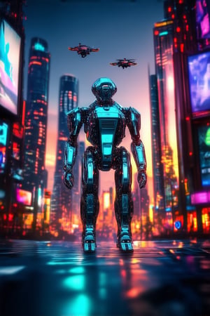 A sleek, high-tech cityscape at dusk, with neon-lit skyscrapers piercing the darkening sky. A futuristic robot, its metallic body glistening in the fading light, stands tall in the center of a bustling street, surrounded by holographic advertisements and flying drones.