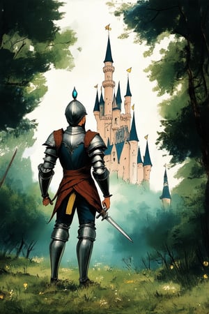 A nostalgic fantasy landscape unfolds as the camera pans across a whimsical forest, reminiscent of Don Bluth's iconic animated films. A majestic castle rises in the distance, its turrets and towers adorned with lush greenery and sparkling gemstones. In the foreground, a brave warrior stands tall, dressed in medieval armor, his sword at the ready as he surveys the mystical realm.