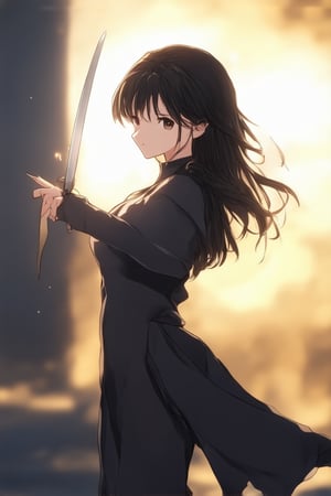 A close-up shot of a young woman standing in a dynamic anime stance, her feet shoulder-width apart and knees slightly bent, with one hand grasping an imaginary sword hilt. Her eyes gleam with determination as she gazes off-camera, her dark hair styled in messy layers framing her striking facial features. The background is blurred, with a warm golden light illuminating her profile.