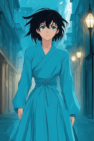 A vibrant blue background sets the stage for a stunning anime scene. A young protagonist with piercing blue eyes and jet-black hair stands confidently, her bright blue dress shimmering in the dimly lit alleyway. The warm glow of nearby streetlights casts an eerie tone, as she gazes upwards with determination. The cityscape hums in the distance, while the bold blue hues dominate the composition, drawing the viewer's attention to this courageous heroine.