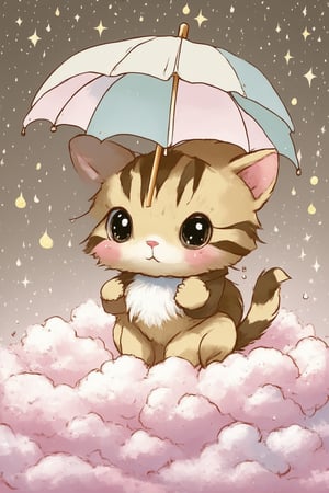 A whimsical chibi scene: A tiny Eveything (think cat-like humanoid) sits on a soft, fluffy cloud, surrounded by wispy strands of cotton candy. The lighting is warm and golden, with a subtle glow emanating from the cloud itself. Eveything's eyes sparkle with mischief as it holds a miniature umbrella, shielding its face from an imaginary rainstorm. The composition focuses on Eveything's adorable pose, with the cloud and surrounding sweets creating a playful, dreamlike atmosphere.