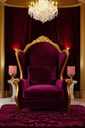 A lavish, opulent setting with rich textures and deep jewel tones dominates the frame. Soft, golden lighting illuminates a velvet-draped chandelier, casting a warm glow on plush carpets and sumptuous furnishings. In the center of this regal atmosphere, a stunning individual lounges on a majestic throne-like chair, their elegant silhouette silhouetted against the lavish backdrop.