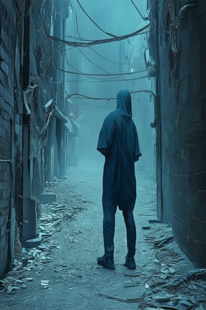 A hauntingly beautiful scene: a figure stands alone in a dimly lit alleyway, surrounded by crumbling brick and twisted metal scraps, bathed in the deep, foreboding hue of dark blue. The subject's features are obscured, yet their presence exudes a sense of desolation, as if lost in the shadows.