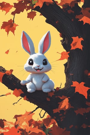 A simple illustration: A whimsical cartoon character, a smiling rabbit with bright pink ears, sits on a branch of a gnarled tree, surrounded by fluttering leaves and soft, sunny light. The background is a warm yellow-orange hue, with gentle shading to convey depth. The rabbit's pose is relaxed, with one paw dangling freely, while the other holds a tiny paintbrush, strokes of which are visible on the paper in front.