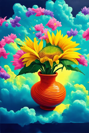 A kaleidoscope of colors explodes in a whimsical still life setup: a bright yellow sunflower bursts forth from a vibrant orange vase, surrounded by swirling clouds of pink and purple petals. Soft, golden light illuminates the arrangement, casting a warm glow on the richly textured ceramic container and the lush, green foliage. The composition is playful, with each element vying for attention in a joyful dance of color.