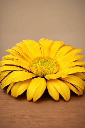 A bright yellow Hakame, with intricate designs adorning its delicate petals, sits majestically on a rustic wooden table against a warm beige background. Soft, diffused light casts a gentle glow, highlighting the subtle curves and textures of the flower's surface.