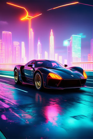 A futuristic cityscape with a vibrant gradient world in the background, where neon hues blend together in a mesmerizing display of color and light. In the foreground, a sleek black sports car speeds down the highway, its headlights reflecting off the wet pavement as it disappears into the distance.