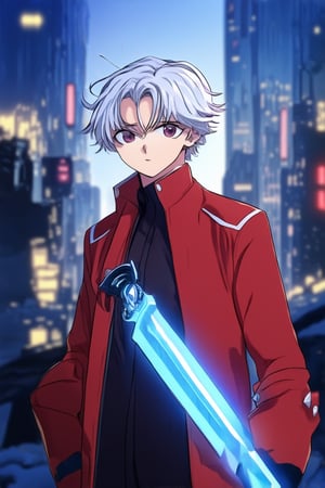 A close-up shot of a young anime protagonist standing confidently in front of a futuristic cityscape at dusk, with neon lights reflecting off their sleek silver hair. They wear a bold red coat with intricate white trim, and their eyes gleam with determination as they grip a glowing blue energy sword. The background is a blend of traditional Japanese architecture and modern skyscrapers.