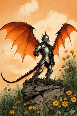 A whimsical fantasy world unfolds as a majestic dragon's wingspan stretches across the sky, set against a warm orange sunlit horizon with wispy clouds. A medieval castle's towers and battlements rise in the distance, surrounded by lush greenery and vibrant wildflowers. A proud knight in shining armor stands atop a rocky outcropping, gazing up at the dragon with a mix of awe and trepidation.