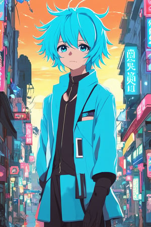 A vibrant blue hue envelops a whimsical anime world, where a young protagonist with striking cerulean hair stands confidently against a gradient cityscape. Softly glowing neon signs and bustling streets are framed by a warm orange-yellow sunset, while the subject's bright blue locks shimmer with an ethereal light.