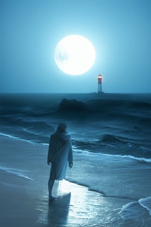 A melancholic figure stands alone on a moonlit beach, surrounded by the dark blue ocean's waves crashing against the shore. The subject's face is illuminated only by the faint light of a distant lighthouse, casting a somber mood. The composition is centered around the figure, with the vast expanse of water and darkness creating an overwhelming sense of isolation.