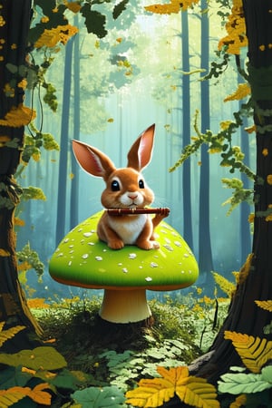 A whimsical illustration of a smiling rabbit sitting on a bright green mushroom, surrounded by lush forest foliage and dappled sunlight filtering through the trees. The rabbit's pose is relaxed, with one paw gently holding a small, intricately carved wooden flute. Soft, feathery leaves and delicate vines curl around the mushroom, adding to the sense of tranquility.