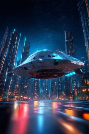 A sleek, silver spacecraft descends from a starry night sky, its landing struts unfolding with precision as it touches down on a gleaming metallic landing pad. Neon blue lights illuminate the futuristic cityscape, casting an otherworldly glow on towering skyscrapers and bustling streets.