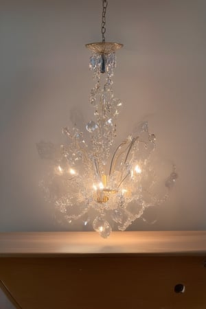 A warm, intimate candlelit room with walls adorned in glittering crystals. A majestic crystal chandelier hangs from the ceiling, casting an ethereal glow on the smooth, velvety surface of a wooden table. Amidst the sparkling backdrop, a delicate, glowing crystal formation sits precariously perched on the edge, its facets reflecting the soft light.