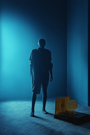 A somber yet captivating scene unfolds: a figure stands alone in a dark blue room, lit by a faint blue glow emanating from the walls. The subject's face is obscured by shadows, their features softened as they gaze down at a small, antique music box lying open on the floor. The camera captures a tight frame, focusing on the melancholic atmosphere and the mysterious stillness of this dark blue realism.