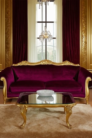 A lavish living room scene with a sumptuous velvet sofa in a rich, jewel-toned color. The walls are adorned with opulent gold leaf accents and a crystal chandelier casts a warm, golden glow. A stunning glass coffee table reflects the soft lighting, while a elegant armchair is positioned at an angle to create a cozy conversation area.