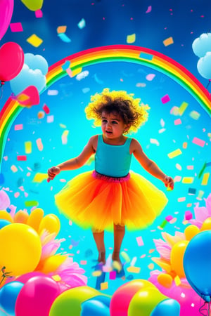 A whimsical, technicolor dream world where swirling clouds of electric blue and sunshine yellow converge amidst a kaleidoscope of confetti-like petals. In this radiant atmosphere, a playful child with a rainbow-hued mane of hair and a matching tutu twirls joyfully, surrounded by a medley of balloons in every hue.