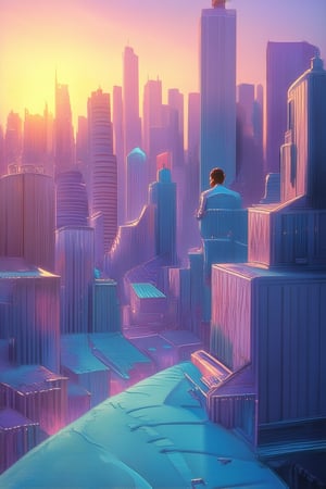 A surreal cityscape at dusk, with buildings and streets transitioning smoothly from one vibrant color to another, like a gradient. The warm light of setting sun casts long shadows across the multicolored landscape, highlighting the futuristic architecture. A lone figure in shades of blue and purple stands atop a hill, looking out upon this kaleidoscopic metropolis.