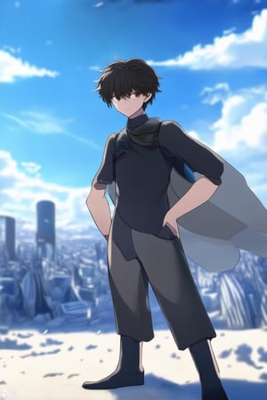 A close-up shot of a young anime character standing confidently with feet shoulder-width apart, right hand on hip and left arm slightly bent, showcasing a dynamic pose. The character's eyes gleam with determination under a bright blue sky filled with fluffy white clouds. Soft focus background features stylized cityscape or futuristic landscape.