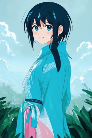 A vibrant blue-hued anime scene: a young woman with piercing blue eyes and jet-black hair stands confidently in a misty morning landscape, surrounded by lush greenery and wispy clouds. Soft pastel hues of blue and pink illuminate her bright smile, as she gazes out at the serene atmosphere.