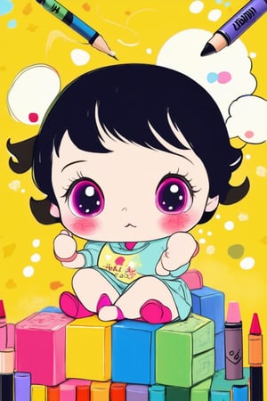 Whimsical illustration of a chibi Evey with bright, shining eyes and rosy cheeks, set against a warm, sunny background. She's sitting on a pile of colorful blocks, surrounded by scattered crayons and markers, with her hands holding a giant crayon and a thought bubble above her head filled with swirling artistic patterns.