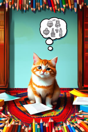 A whimsical illustration of a curious cat sitting on a colorful rug, surrounded by scattered pencils and papers, with a thought bubble above its head filled with imaginative sketches. Soft, warm lighting highlights the cat's fur, while the background is a subtle gradient of blues and greens.