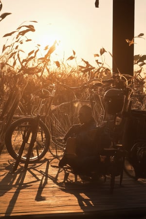 A nostalgic scene unfolds: A warm sepia tone envelops a vintage-inspired setting, reminiscent of bygone eras. A lone figure, dressed in worn denim and a faded band tee, sits on a creaky wooden porch, surrounded by rusty old bicycles and forgotten trinkets. The late afternoon sun casts long shadows, with the promise of secrets whispered to the wind.