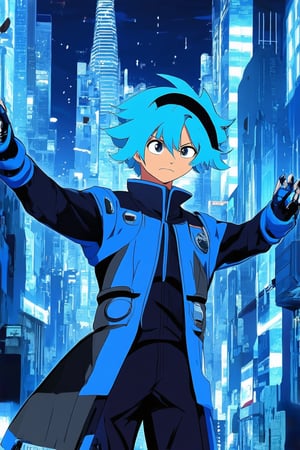 A vibrant blue hue dominates the frame as a young anime protagonist stands triumphantly in a futuristic cityscape at dusk. The hero's bright blue hair and matching eyes gleam with determination as they gaze out upon the neon-lit skyscrapers, the city's bustling energy reflected in their bold pose.