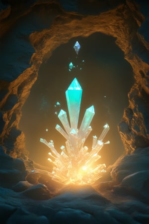 In a mystical cave, a cluster of glowing crystals suspended from the ceiling emits an ethereal light, casting an otherworldly glow on the ancient stone walls. A delicate crystal formation sprouts from the center, its facets refracting the light into a kaleidoscope of colors. The air is filled with an eerie blue-green luminescence.