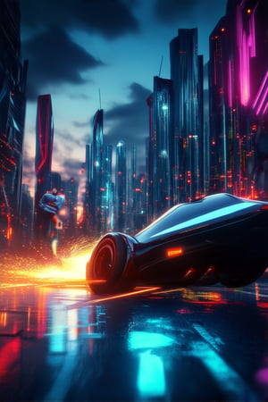 A futuristic cityscape at dusk: neon-lit skyscrapers pierce the darkening sky, their angular shapes and LED lights reflecting off the wet asphalt streets. A sleek hovercar glides by, leaving a trail of sparks as it whisks away a suited figure with an otherworldly gaze.