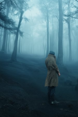 A moody, dark blue-toned photograph captures a realistic portrayal of a solitary figure standing at the edge of a misty, dense forest. The subject's face is obscured by shadows, while their worn, earth-toned clothing blends seamlessly into the surroundings. A faint mist hangs in the air, casting an eerie atmosphere over the scene.