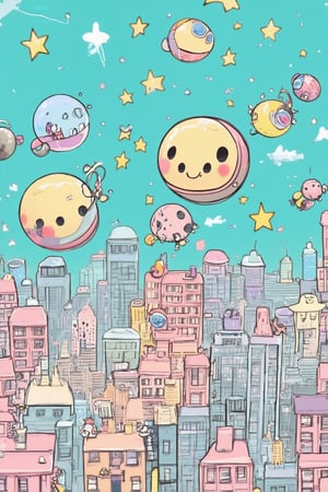 A whimsical chibi illustration of everything in existence: tiny planets orbiting miniature stars, itsy-bitsy creatures playing with teeny-tiny toys, and itsy-itsy-bit-sized buildings stacked high in a bustling metropolis. Soft, pastel colors fill the scene as everything is depicted in an adorable, exaggerated style.