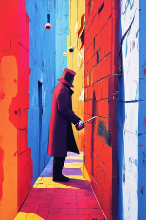 A dimly lit alleyway, graffiti-covered walls glowing with a soft blue light. A figure in a long coat and hat, face obscured by shadows, holds a spray can, as if leaving a cryptic message. The mysterious individual, shrouded in secrecy, is framed by the worn brick buildings, creating an air of intrigue.