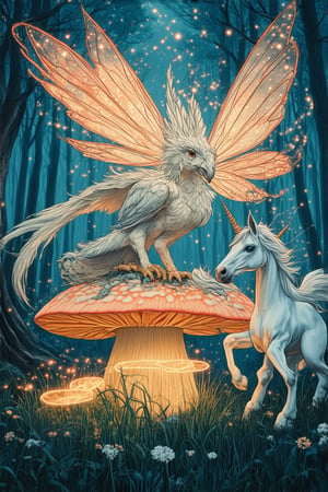 A mystical forest glows with an ethereal light as a procession of fantastical creatures emerges from the shadows. A majestic Griffin perches atop a toadstool throne, its piercing gaze surveying the gathering. To its right, a mischievous Pixie flits about a sparkling fairy ring, while a regal Unicorn prances at the forest's edge, its horn aglow with an otherworldly energy. The creatures' forms blend seamlessly into the misty atmosphere, as if conjured from the very essence of fantasy itself.